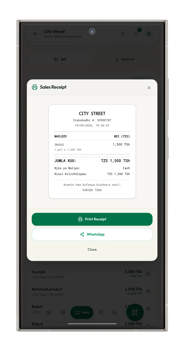 Receipts screen